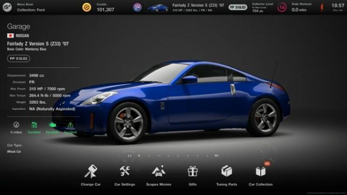 파란색 Nissan Fairlady가 Gran Turismo 7의 차고에 앉아 있습니다.