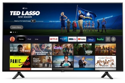 Amazon Fire TV 4-Series 4K HDR TV com aplicativos de streaming na tela.