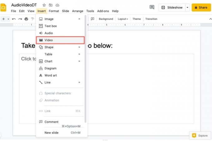 Video Google Slides -lisäysvalikossa.