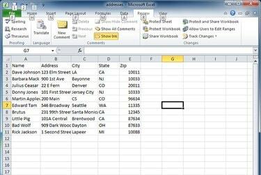 Excel z małym zestawem adresów
