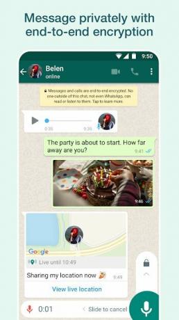 A WhatsApp üzenetkezelő felülete szöveggel a tetején, amely elmagyarázza, hogy a WhatsApp végpontok közötti titkosítással rendelkezik.
