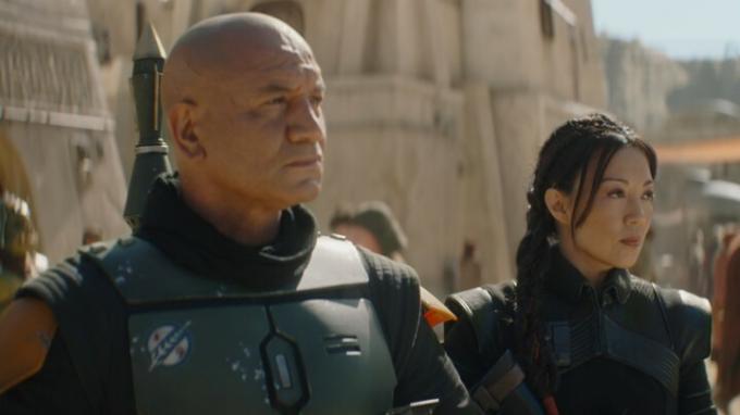 Temuera Morrison ja Ming-Na Wen kohtauksessa Boba Fettin kirjasta.