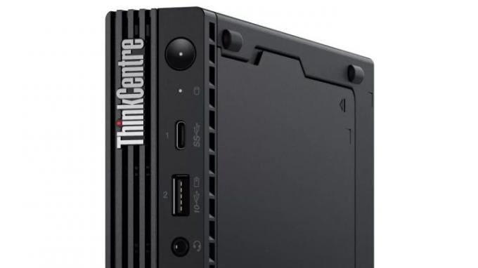 Visão aproximada do Lenovo ThinkCentre M70q Tiny Desktop.