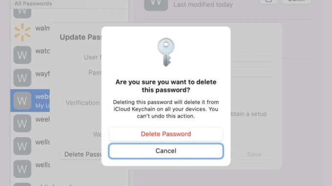 Bekräftelseskärm för borttagning av lösenord på MacOS.