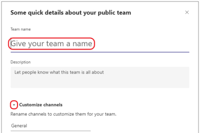 Microsoft Teams에서 팀 이름을 지정하세요.