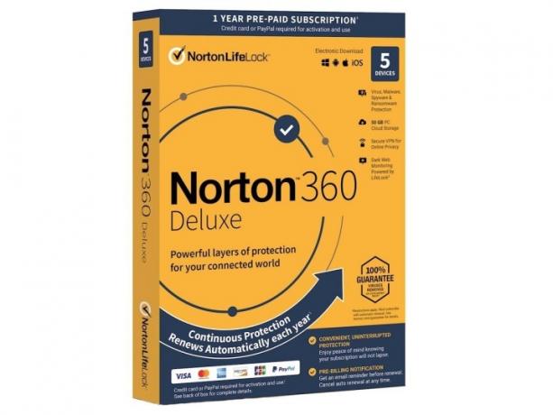 LifeLock이 포함된 Norton 360 Deluxe 바이러스 백신 소프트웨어 상자입니다.