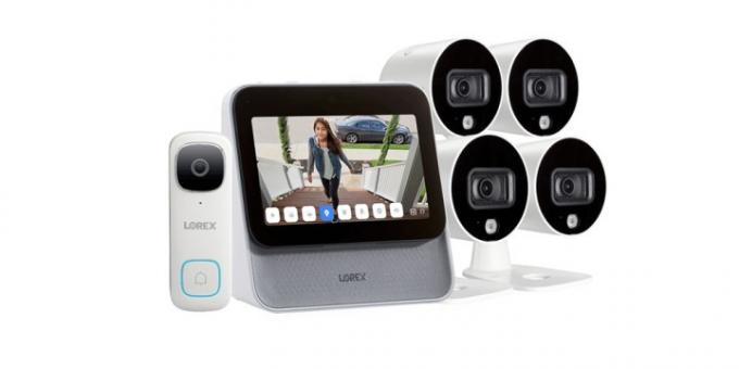 Lorex Home Center com quatro câmeras Wi-Fi externas 1080p e campainha de vídeo 2K em um fundo branco.