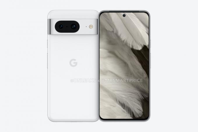 Google Pixel 8 i avbildad i vitt.