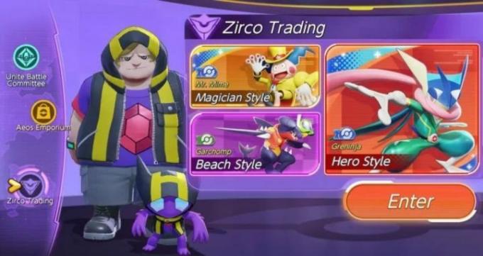 Zirco Trading-meny från Pokemon Unite