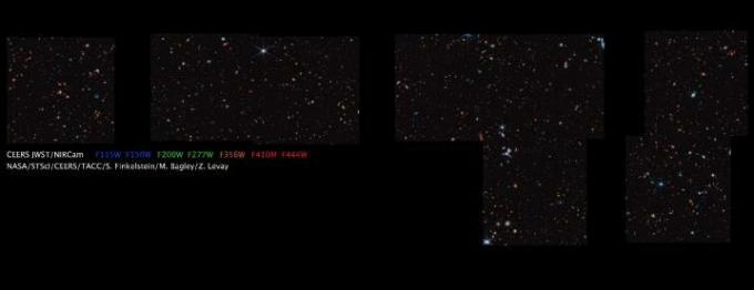 이 이미지는 James Webb의 근적외선 카메라(NIRCam)로 촬영한 690개 개별 프레임의 모자이크입니다. 우주 망원경—2019년 12월에 공개된 Webb의 첫 번째 Deep Field 이미지보다 약 8배 더 넓은 하늘 영역을 덮고 있습니다. 7월 12일 북두칠성 손잡이 근처의 하늘 조각에서 나온 것입니다. 이것은 CEERS(Cosmic Evolution Early Release Science Survey) 공동 작업으로 얻은 첫 번째 이미지 중 하나입니다. 