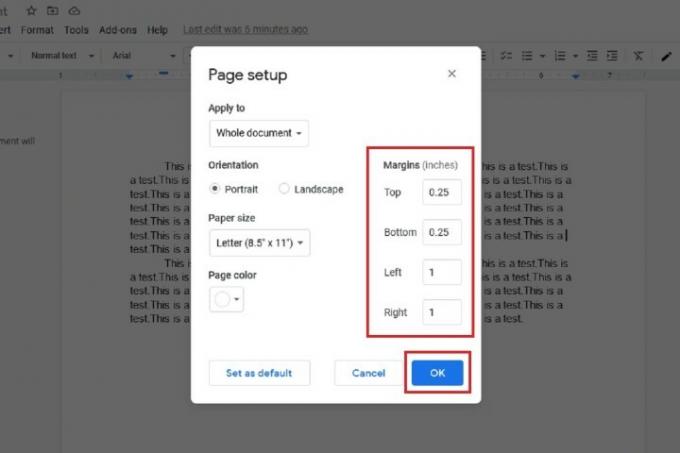 cómo cambiar los márgenes en la captura de pantalla de configuración de la página de Google Docs