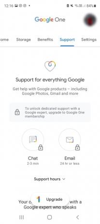 Google One-App mit der Support-Seite.