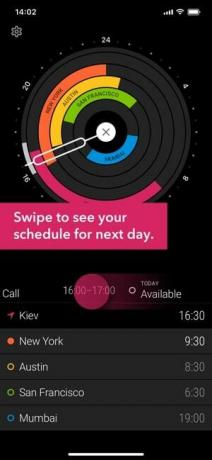 Zrzut ekranu aplikacji Circa z tekstem Przesuń, aby zobaczyć harmonogram na następny dzień