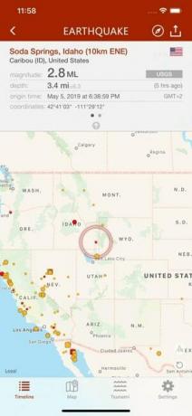 Screenshot dell'app Earthquake che mostra una mappa di un terremoto a Soda Springs nell'Idaho, con informazioni su magnitudo, profondità, ecc.