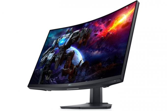 Monitor de jogos curvo Dell de 27 polegadas em fundo branco.