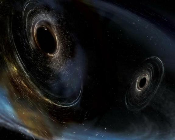 アーティストの構想では、LIGO によって検出されたものと同様の 2 つのブラック ホールが合体していることが示されています。 