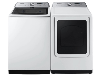 Samsung 5.2 cu. ft. Mașină de spălat inteligentă cu încărcare superioară de mare capacitate cu spălare super rapidă și 7,4 cu. ft. Uscător electric inteligent cu Steam Sanitize+.