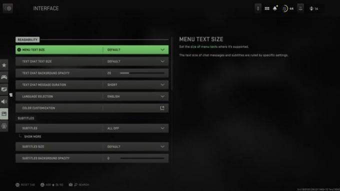 Menu antarmuka di Modern Warfare II.