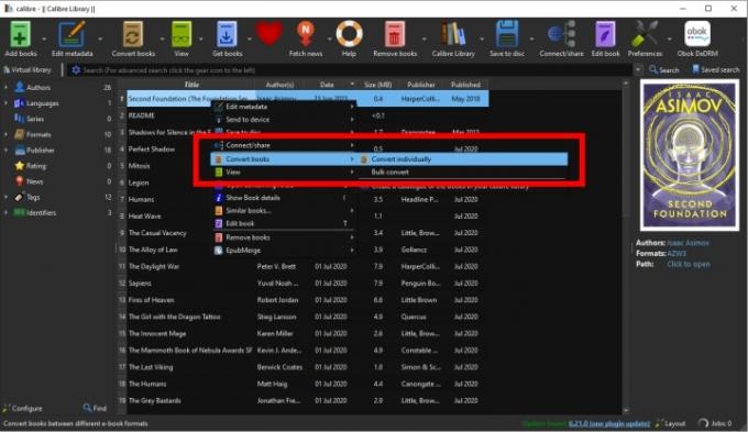 Konwersja pojedynczej książki w Calibre.