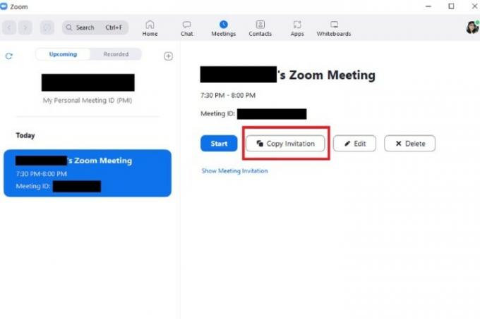 האפשרות העתק הזמנה באפליקציית Zoom שולחן העבודה.
