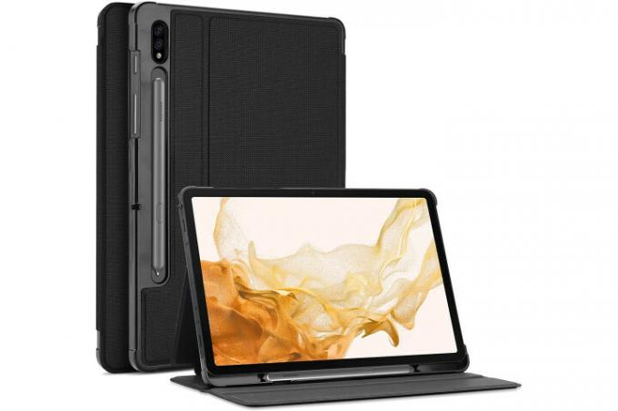 ProCase Slim Protective Folio Case til Samsung Galaxy Tab S8 Plus i sort, der viser bagsiden af ​​etuiet med S Pen-holder og etuiet foldet sammen til et stativ.