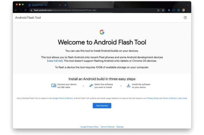 Google Chrome afișează pagina de întâmpinare pentru Android Flash Tool.