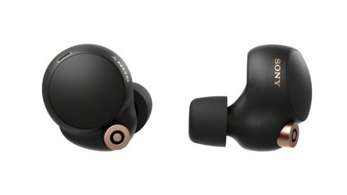 Earbud Sony WF-1000XM4 hitam dengan latar belakang putih