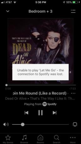 Application Sonos affichant un message d'erreur de perte de connexion à Spotify.