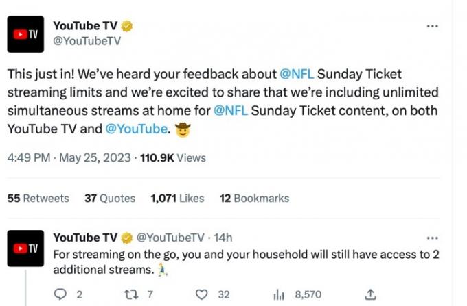 Tweets som visar att NFL söndagsbiljett kommer att vara obegränsat så länge du är på ditt hemnätverk.