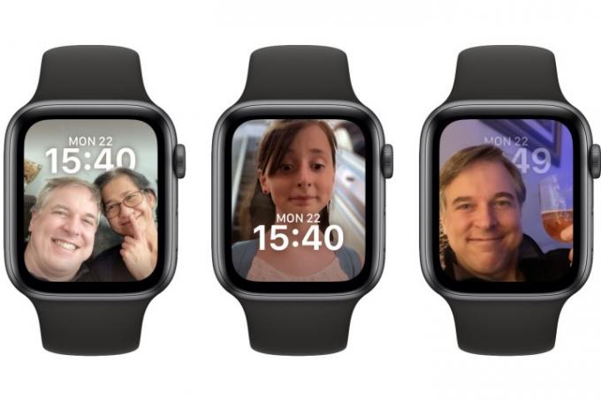 Três Apple Watches com exemplos de mostrador em retrato.