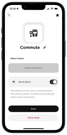 Bose Music-app på iOS: Pendlingstilstand med Wind Block aktiveret.