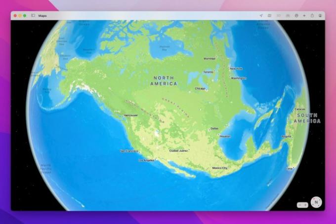 Észak-Amerika megdöntött iránytűvel a MacOS Monterey rendszeren futó Apple Maps alkalmazásban.