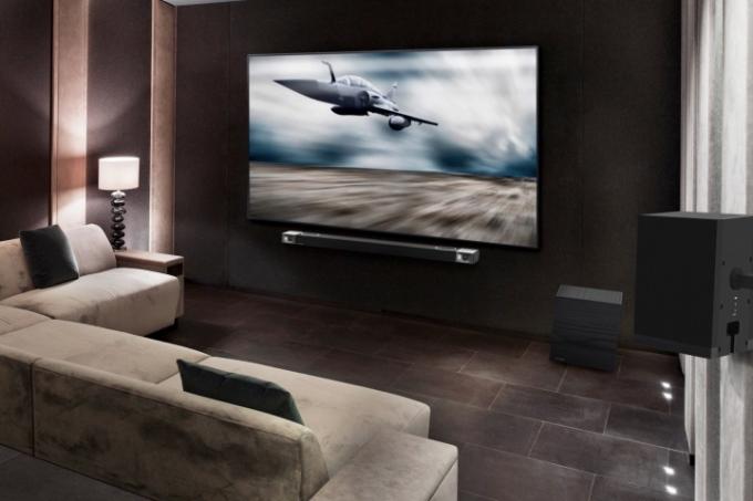 Sound Bar Klipsch Cinema 1200 Dolby Atmos v místnosti domácího kina.