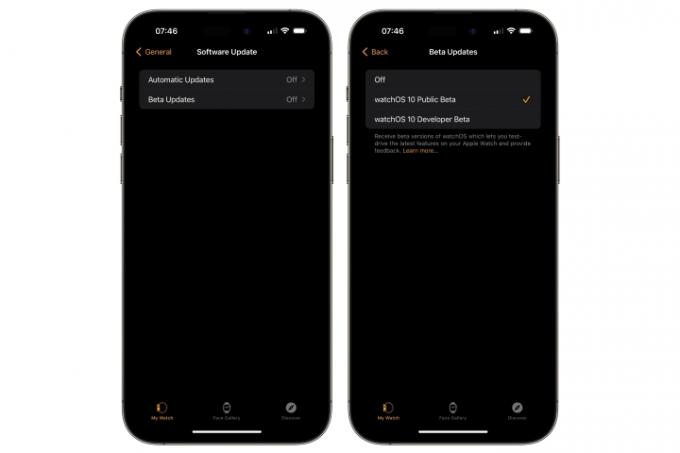 Dos iPhones que muestran los pasos para habilitar las versiones beta públicas de watchOS 10.