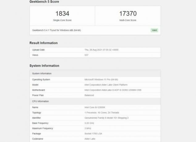 Geekbench-resultater for en Intel Core i9-12900K i enkjerne- og flerkjerneytelse.