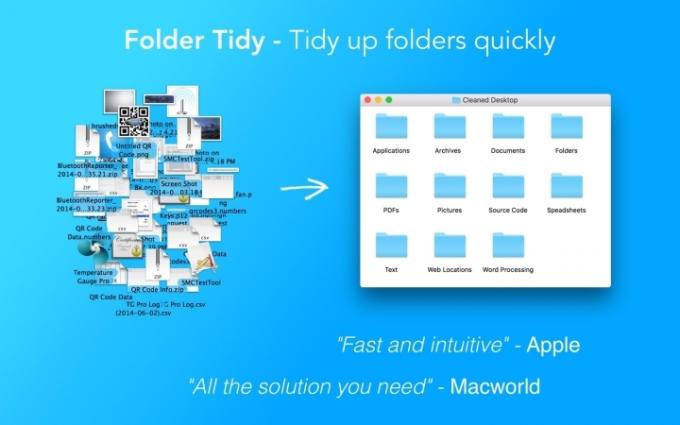 Een promotionele afbeelding voor de Folder Tidy Mac die zijn mogelijkheden laat zien.