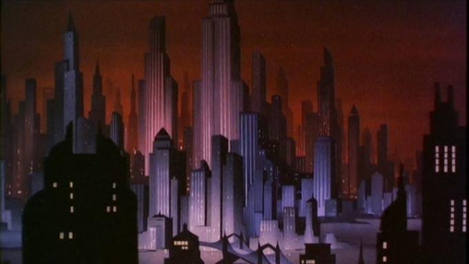 Arte de Gotham City à noite em Batman: Mask of the Phantasm.
