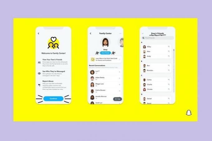 明るい黄色の背景で Snapchat ファミリー センター機能が動作している様子を示す一連の 3 つのモバイル スクリーンショット。