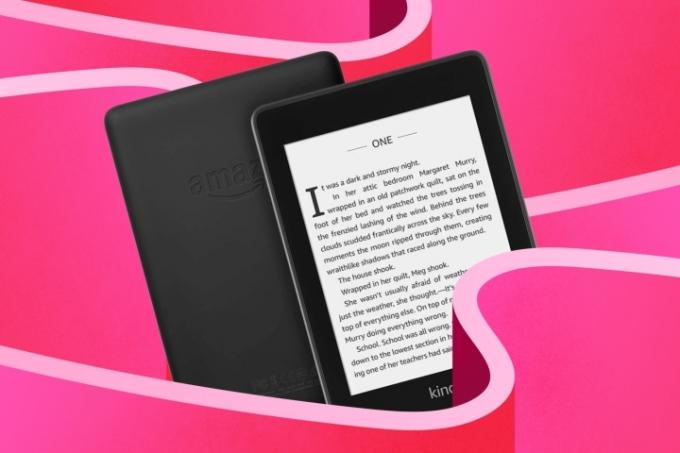 ピンクの様式化された背景に Kindle Paperwhite の画像。