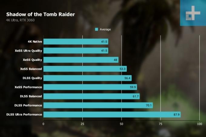 „Shadow of the Tomb Raider“ etalonai su XeSS ir RTX 3060.