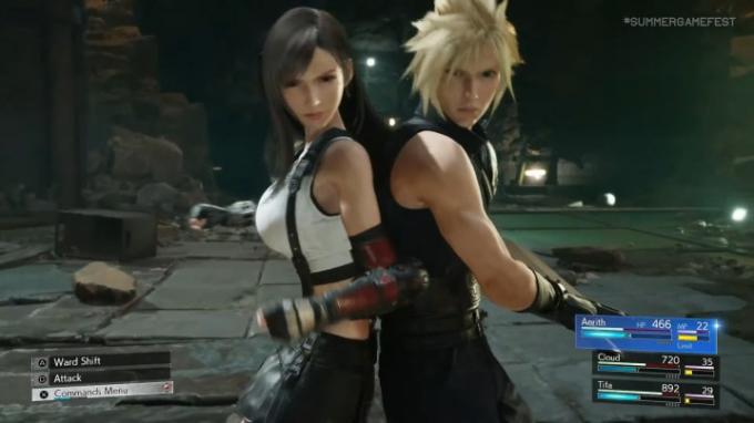 Cloud e Tifa estão frente a frente em uma luta.