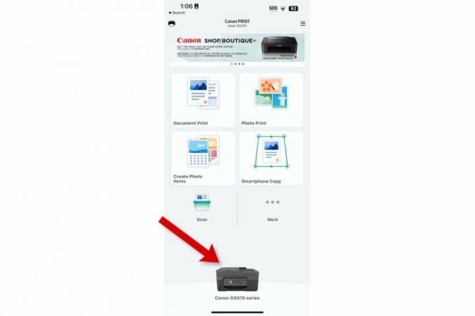नीचे प्रिंटर की ओर इशारा करते हुए एक तीर के साथ कैनन प्रिंट ऐप का स्क्रीनशॉट।