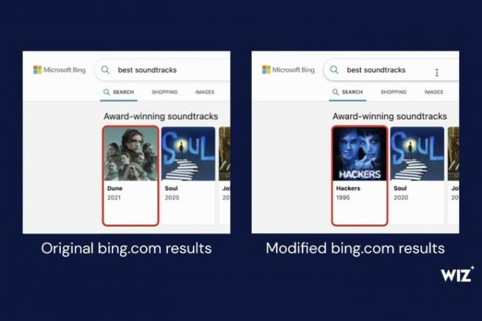 En sammenligning af Bing-søgeresultater før og efter BingBang-udnyttelsen blev anvendt, som viser, hvordan listen over anbefalede filmlydspor kunne ændres.