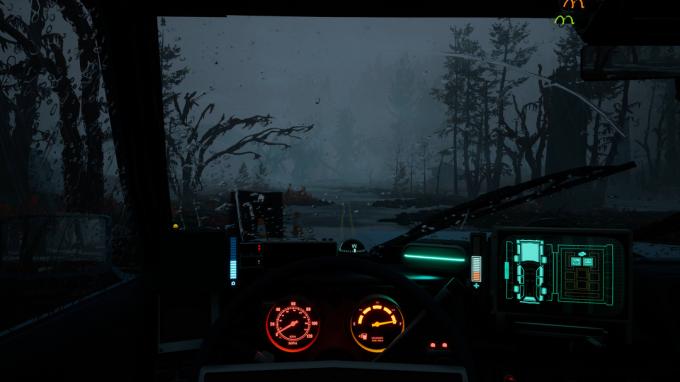 Una vista dal cruscotto, con vista sulle luci in una notte piovosa a Pacific Drive