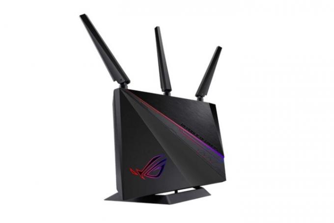 Slika proizvoda ASUS ROG Rapture GT-AC2900 igraćeg Wi-Fi usmjerivača na bijeloj pozadini.