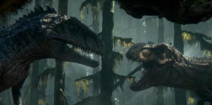 ジュラシック ワールド ドミニオンのシーンで、ギガノトサウルスとティラノサウルス レックスが対峙します。