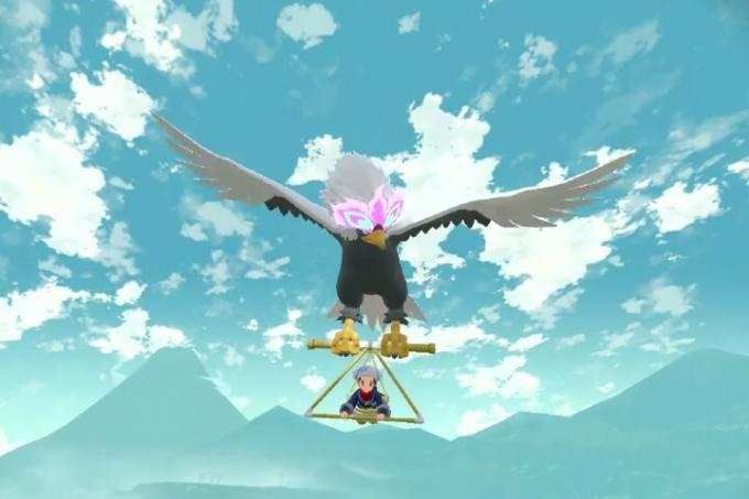 Ένας εκπαιδευτής Pokémon πετά κάτω από ένα Pokémon πουλί στο Pokémon Legends: Arceus.