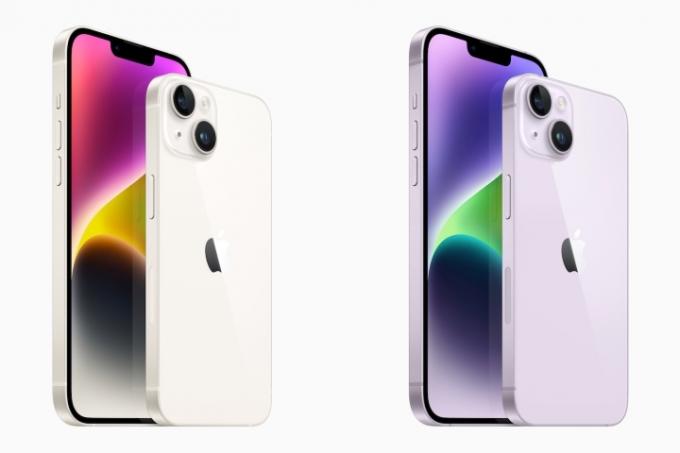 Apple iPhone 14 e iPhone 14 Plus nas cores roxo e prata.