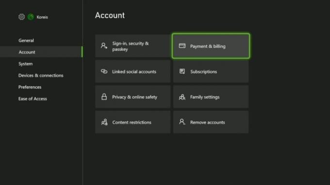 قائمة الدفع والفوترة في Xbox.