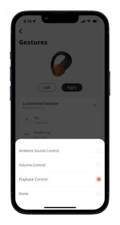 مربع حوار خيارات التحكم في تطبيق JBL Headphones لنظام iOS.
